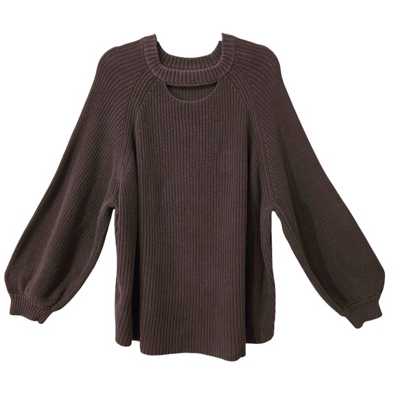 Pact Sweaters - Pact Organic Cotton Shaker Stitch Cutout Sweater Brown XL Raglan Balloon Sleeve